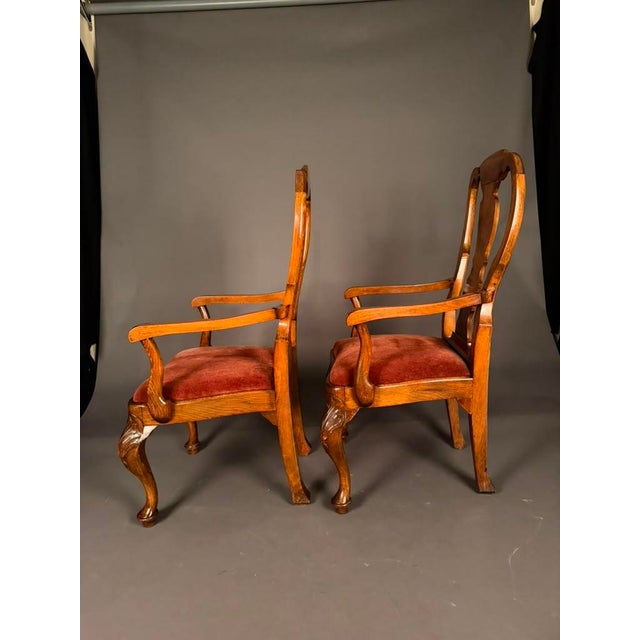Wood Set of 8 English Queen Anne Style Dining Chairs, Burl Walnut & Beechwood, 2 Armchairs and 6 Side Chairs, Circa 1890 For Sale - Image 7 of 13