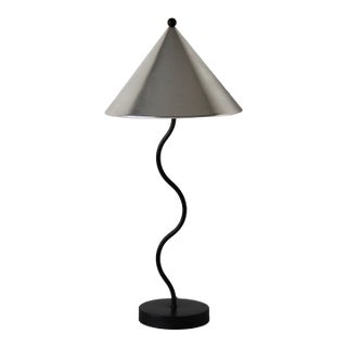 1980s Memphis School Style Squiggle Lamp Black Table Lamp Silver Cone Shade Vintage Post Modern For Sale