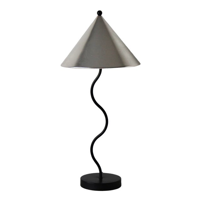 1980s Memphis School Style Squiggle Lamp Black Table Lamp Silver Cone Shade Vintage Post Modern For Sale
