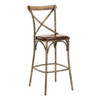 Zain Manos Bronze Bar Stool - Dark Brown Leatherette / Antique Bronze Metal Frame For Sale