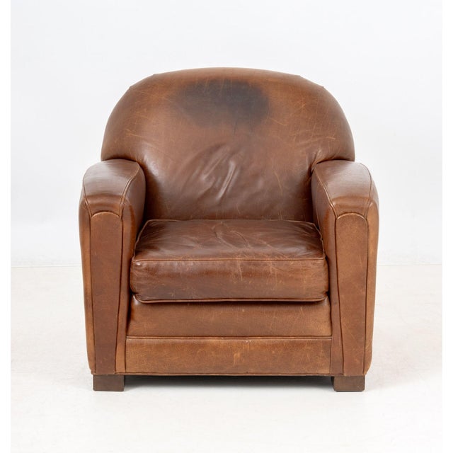 Art Deco Art Deco Brown Leather Club Chair and Ottoman For Sale - Image 3 of 10
