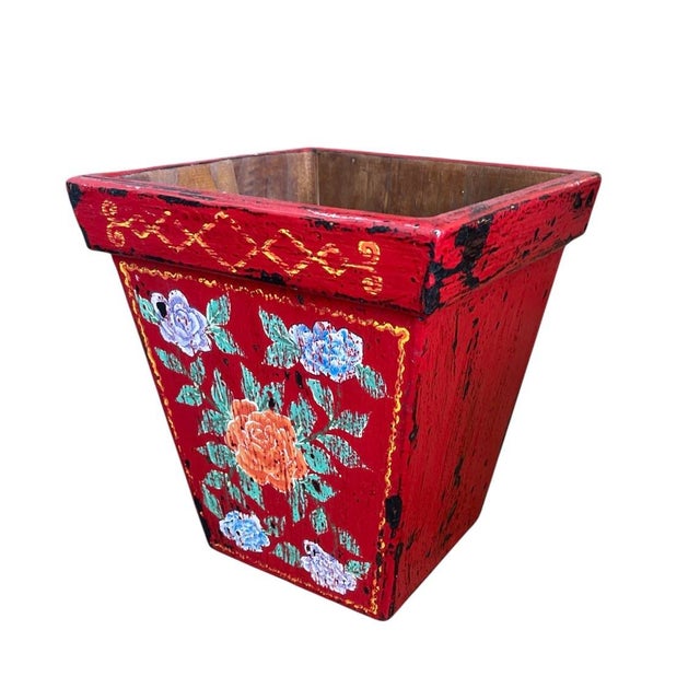 Chinoiserie Vintage Balinese Hand-Painted Wood Cachepot or Trash Can For Sale - Image 3 of 7