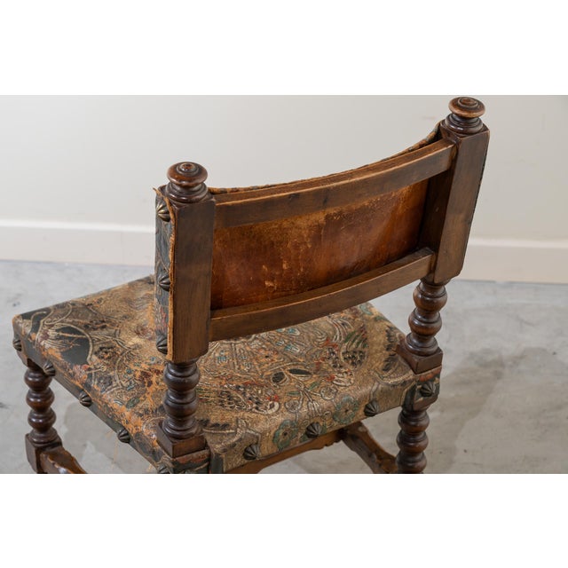 Small Antique 19th Century Walnut Dais Chair with Embossed Leather Upholstery, Spain For Sale - Image 4 of 13