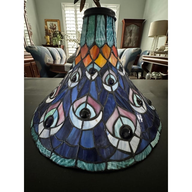 Tiffany Studios Vintage Tiffany Style Peacock Floor Lamp With Bronze Base For Sale - Image 4 of 5