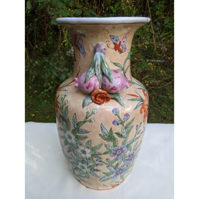 Chinese Vintage Chinese Ceramic Vase W/Butterflies, Flowers & Pomegranate Fruit Handles For Sale - Image 3 of 12