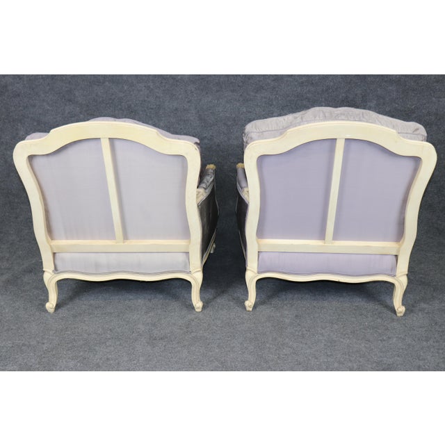 French Pair Louis XV Style Oversized Creme Painted and Upholstered Bergère Chairs For Sale - Image 3 of 9