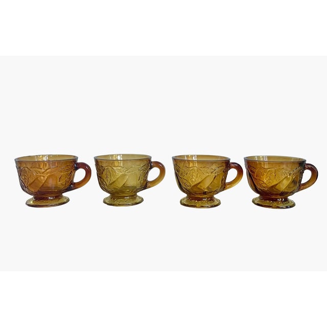 Vintage Tiara Glass Footed Punch Cups - Dark Amber Burnt Honey Sweet Pear Design - Set of 4 For Sale - Image 4 of 7