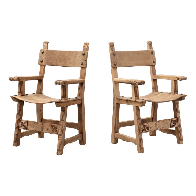Brutalist Armchairs with Carved Rosettes and Nailed Wooden Seats, Spain, 1950s, Set of 2 For Sale