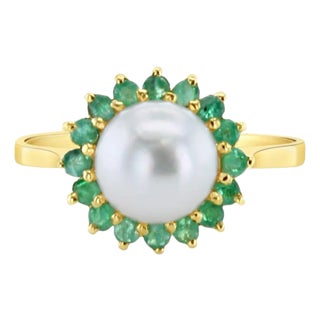 Pearl & Emerald Halo Ring 14k Yellow Gold, Size 5 For Sale