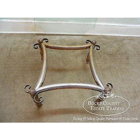 Vintage Spanish Mediterranean Style Walnut Scrolled Metal Glass Top Coffee Table For Sale - Image 9 of 13