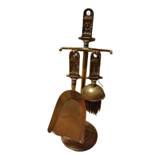 Small Early 1900s Fireplace Shovel and Broom on Stand in Brass- 3 Pieces For Sale