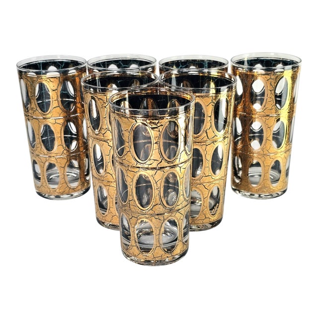 Vintage Culver Pisa Gold Crackle Highball Glasses, Set of 7 For Sale