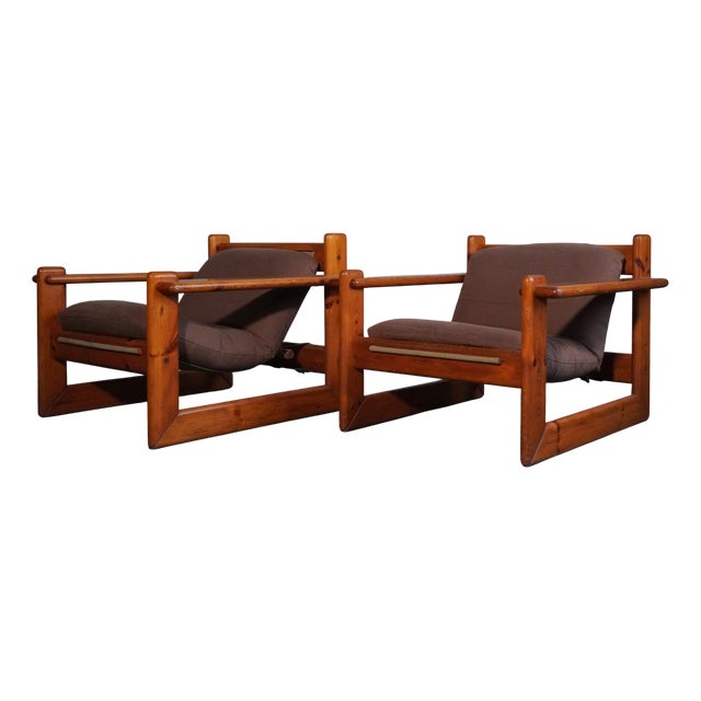 Pine and Fabric Armchairs in the style of Afra and Tobia Scarpa, 1970s, Set of 2 For Sale