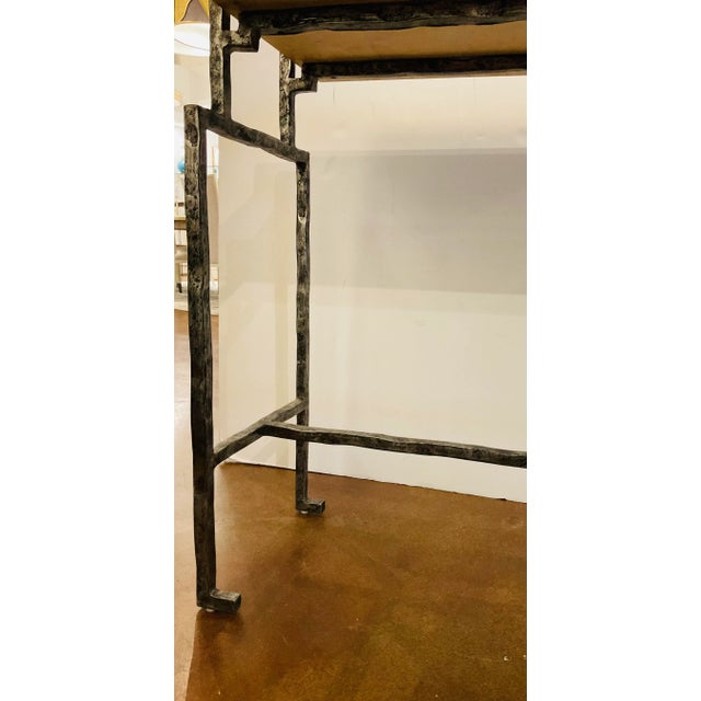 Original retail $3207, stylish Mainland-Smith French Iron Finished Ribbed Rage Console Table, beige wood top, showroom...