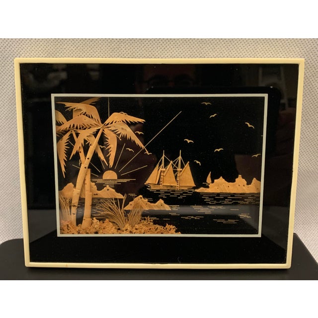 Asian Ocean View Tropical Scene With Masted Ship Done in Cork Within a Celluloid Faux Ivory Frame For Sale - Image 3 of 9