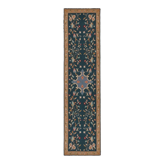 Vintage Arraiolos Runner Rug in Blue With Floral Patterns, From Rug & Kilim For Sale