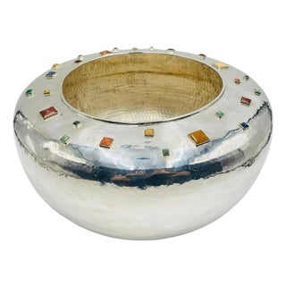 1980s Monumental Emilia Castillo Centerpiece Bowl, Silver Plated & Gem Stones, Mexico For Sale