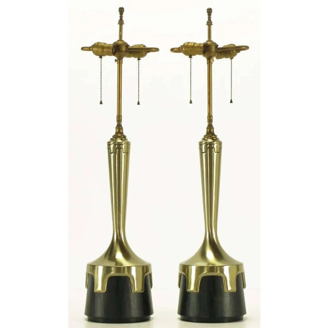 Pair of early Frederick cooper aged nickel (not brass) and ebonized walnut table lamps. Nickel-plated bodies with inverted...