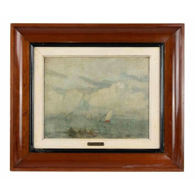Seaside is an original modern artwork realized by Gennaro Villani in the first half of 20th Century. Mixed colored oil on...