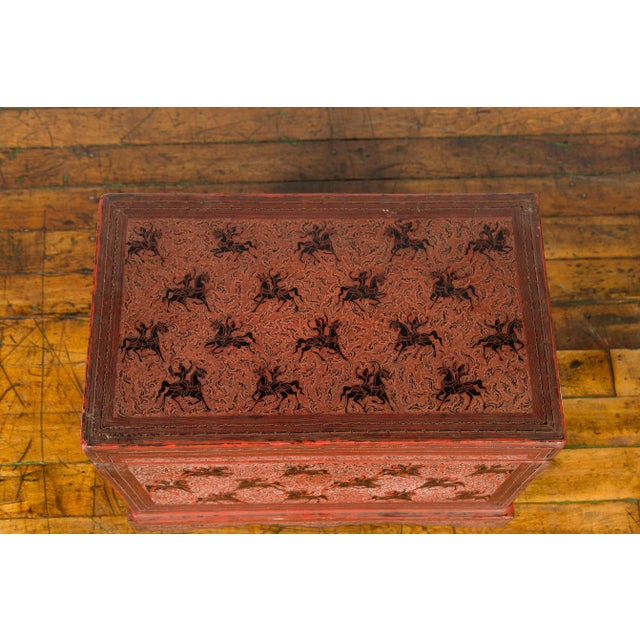 Wood Chinese Late 19th Century Red Trunk with Black Hand-Painted Riders on Horses For Sale - Image 7 of 13