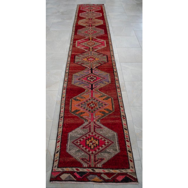 1950s Pink Turkish Hand-Knotted Runner Rug, Extra Long Narrow Hallway Decor 2x14 Ft Approx For Sale - Image 9 of 17