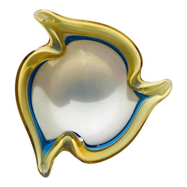 Fratelli Toso Marano Mid Century Vintage Yellow Blue and White Art Glass Bowl For Sale