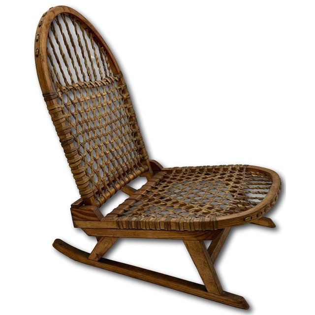Sienna Vintage Tubbs Vermont Made "Snow Shoe" Style Stream Bent Ash Wood & Hand Woven Hide Canoe & Camping Folding Chair For Sale - Image 8 of 18