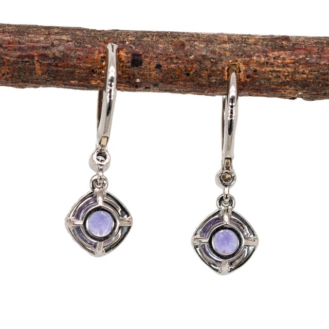 Lever Back Tanzanite Dangle Earrings W Natural Diamond Halo in 14k Gold | Rd 5mm- Set of 2 For Sale In Columbus - Image 6 of 7