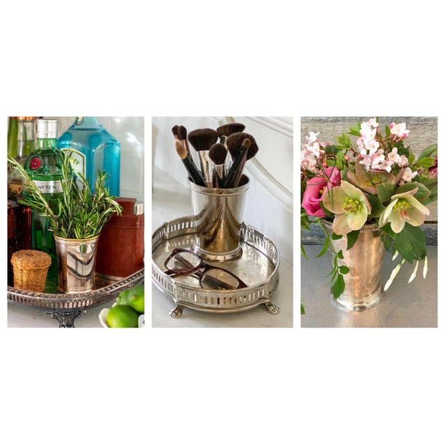 A beautifully crafted vintage silverplate mint julep cup, freshly polished to a gleaming finish and ready to bring a touch...