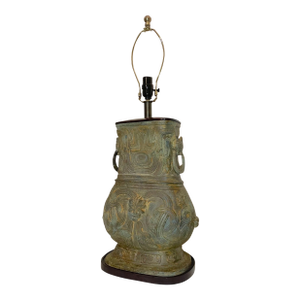 1990s Huge Lawrence & Scott Cast Bronze Wood Chinese Hu Vessel Archaic Urn Table Lamp