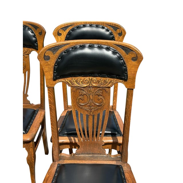 Brown Antique Victorian Set of Six Tiger Oak Dining Chairs Leather Seats & Headrests For Sale - Image 8 of 12