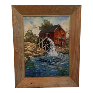 Vintage Original Landscape Painting of an Old Gristmill With Waterwheel Signed Leeta