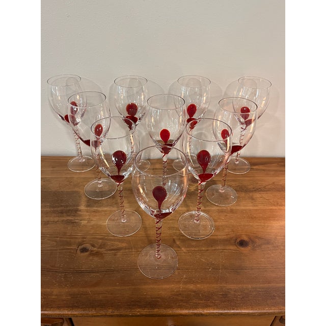 Mid-Century Modern Vintage Clear Art Glass Wine Goblets With Red Swirl Stems - Set of 10 For Sale - Image 3 of 12