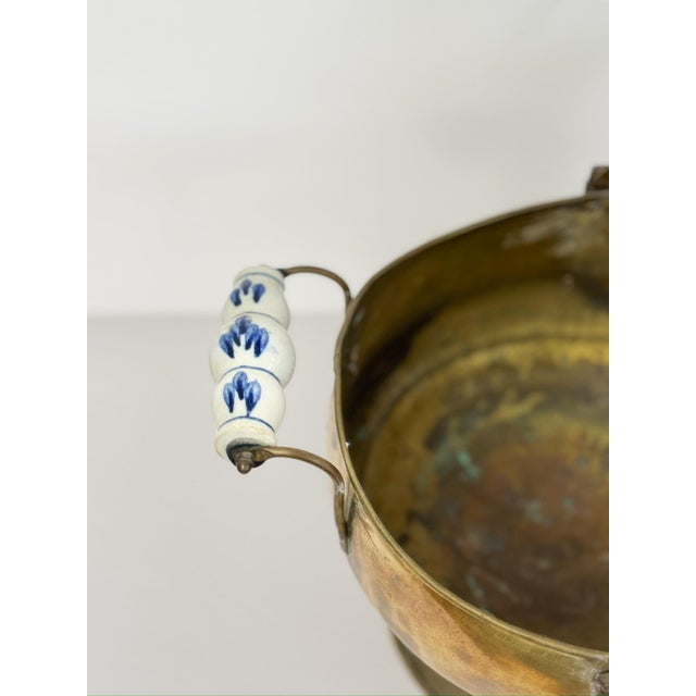 Metal Antique Brass and Blue Porcelain Coal Scuttle Helmet Form Early 20th Century For Sale - Image 7 of 12