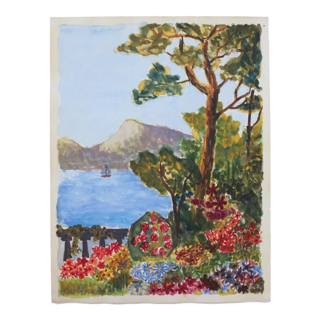 Mid-Century 1950s Amalfi Coast Landscape Outsider Folk Art Water Color Painting For Sale