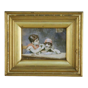 Antique Watercolor on Paper of Two Children C1910