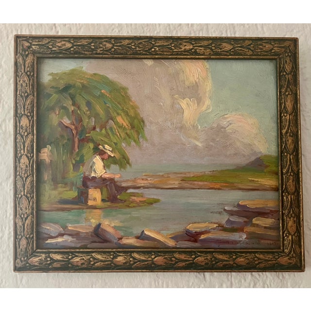 1910s 1914 Antique Impressionist, Plein Air Landscape, Oil Painting of Lake, Framed For Sale - Image 5 of 5