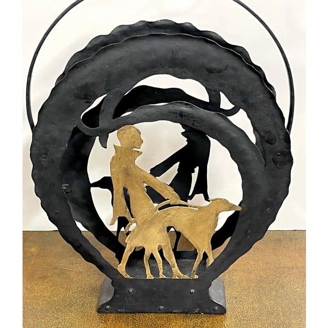 Metal 1920s American Art Deco Gilt Iron Flapper Walking Dog Vignette Magazine Rack For Sale - Image 7 of 13
