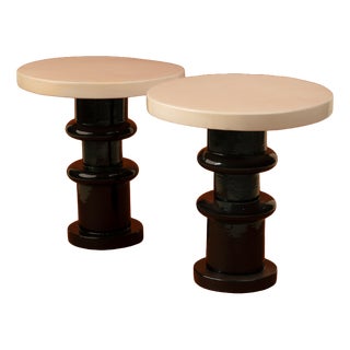 Vintage Totemic Side Tables in Black and Cream, 1980s, Set of 2 For Sale