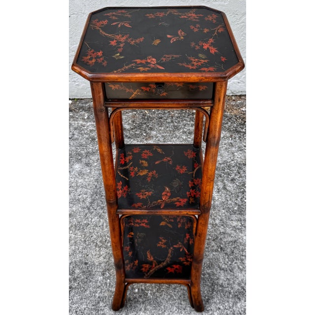 Chinoiserie Chinoiserie Lacquered Bamboo 3-Tier Pedestal & Drawer For Sale - Image 3 of 8