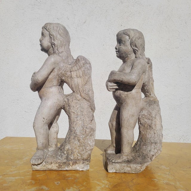 Stone 18th Century Candle-Bearing Angels in Marble, Set of 2 For Sale - Image 7 of 18