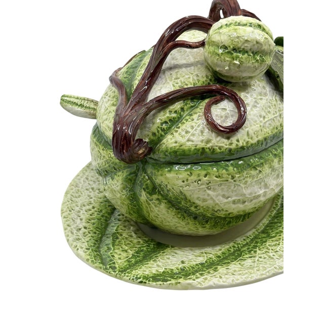 Ceramic Vintage Italian Majolica Green Stipe Melon Tureen Tablescape Decor For Sale - Image 7 of 12
