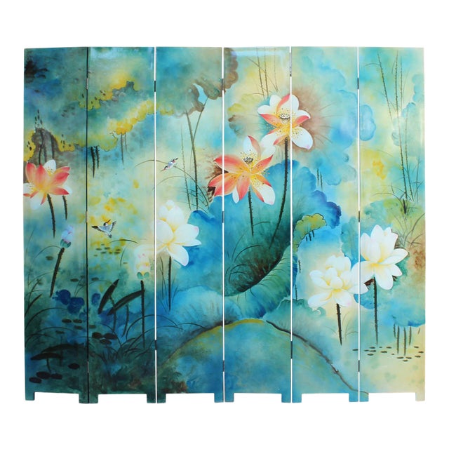 Water Ink Style Blue Lotus Pond Flower Birds Theme Graphic Screen For Sale