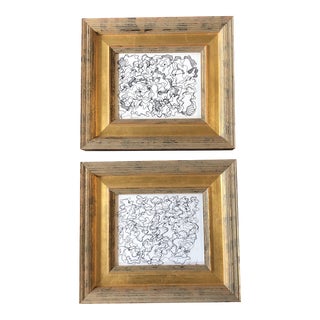 1980’s 2 Vintage Original Wayne Cunningham Abstract Ink Drawings Ornate Frames- a Pair For Sale