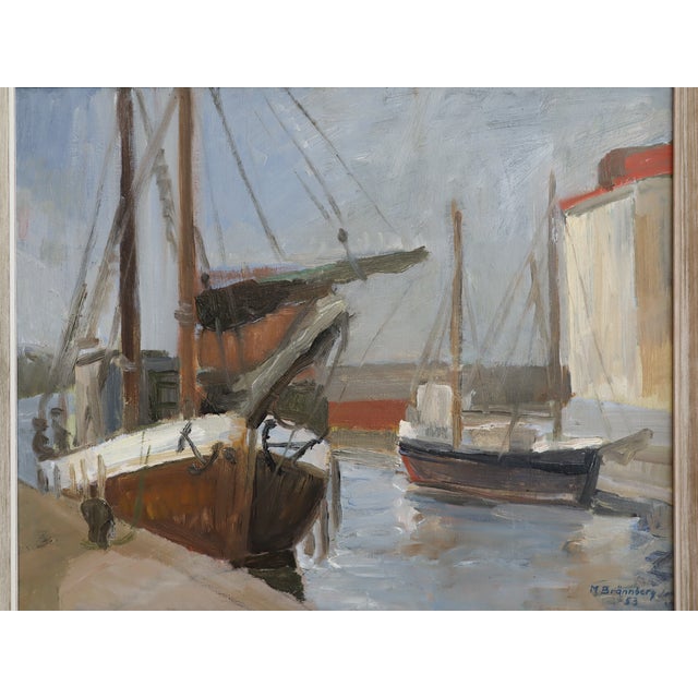 1953 Mid-Century Modern 'Harbour at Rest' Vintage Original Swedish Expressive Seascape Oil Painting, Framed For Sale - Image 10 of 13