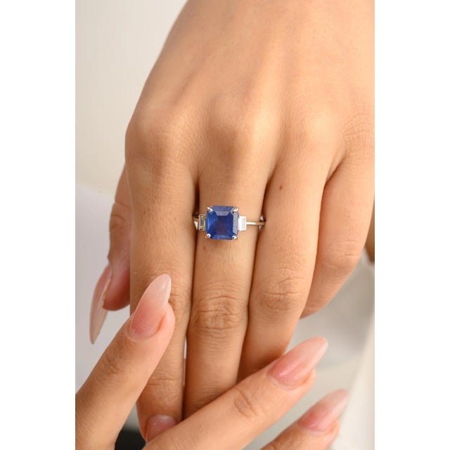 This is part of Chairish’s Fine Jewelry assortment. Fine 3.08 CTW Square Blue Sapphire Diamond Engagement Ring in 14K Gold...