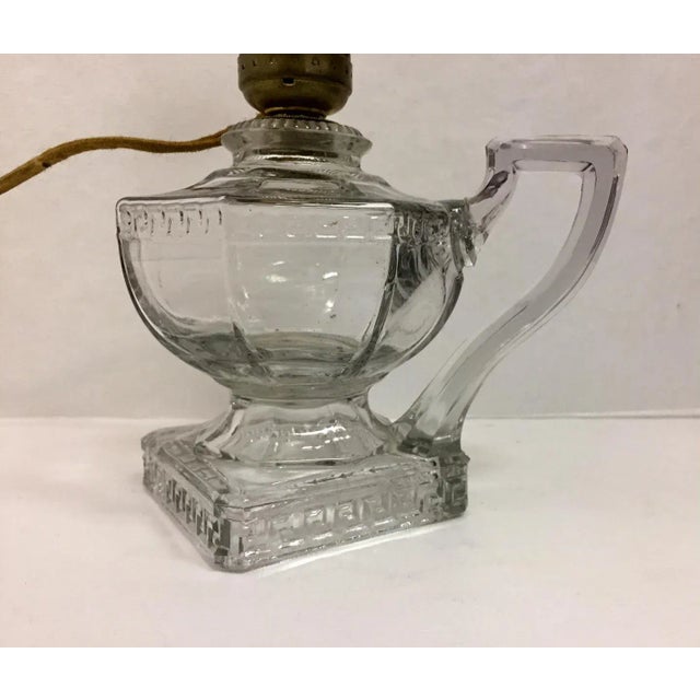 Shabby Chic Antique Greek Key Pressed Glass Electrified Oil Lamp For Sale - Image 3 of 12