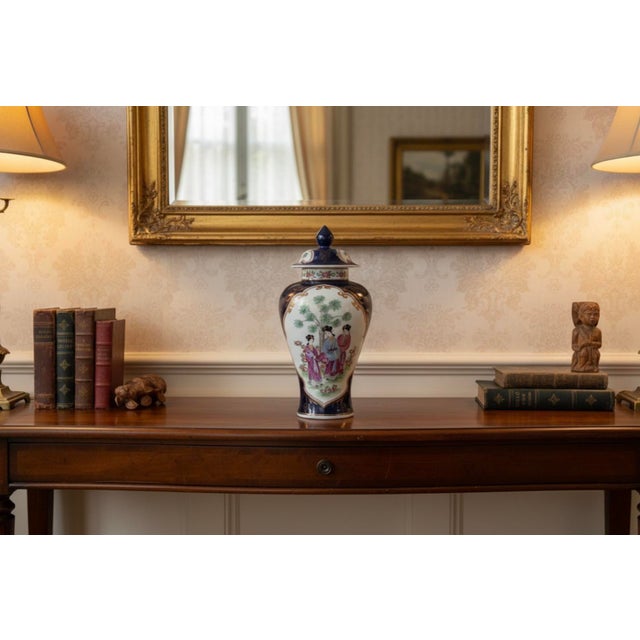 14 Inch Signed 19th C. Samson of Paris Porcelain Ginger Jar With Lid, Antique Powder Blue and Famille Rose Vase, Chinoiserie Mantel Decor For Sale - Image 14 of 14