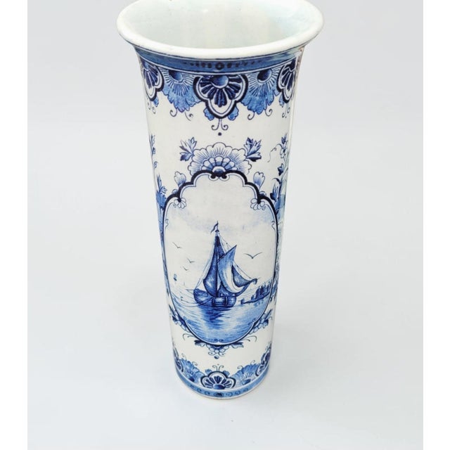 Vintage Hand-Painted Dutch Delft Blue Sailing Ship Vase, 1950s For Sale - Image 11 of 17