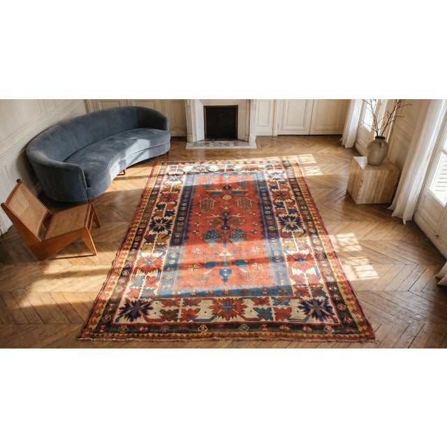 1880s Red Rust Geometric Tribal Antique Caucasian Kazak Rug 4'5" X 7'3" Handknotted Wool Carpet For Sale - Image 9 of 9